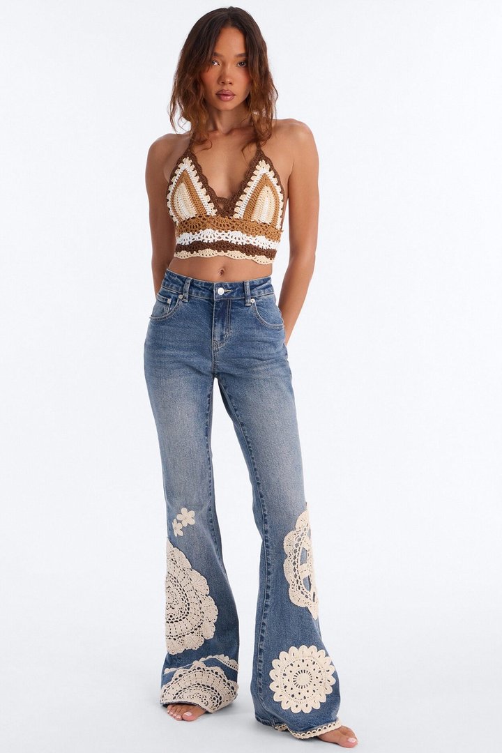 Lovechild Crotchet Applique Flare Jeans - Dark Wash