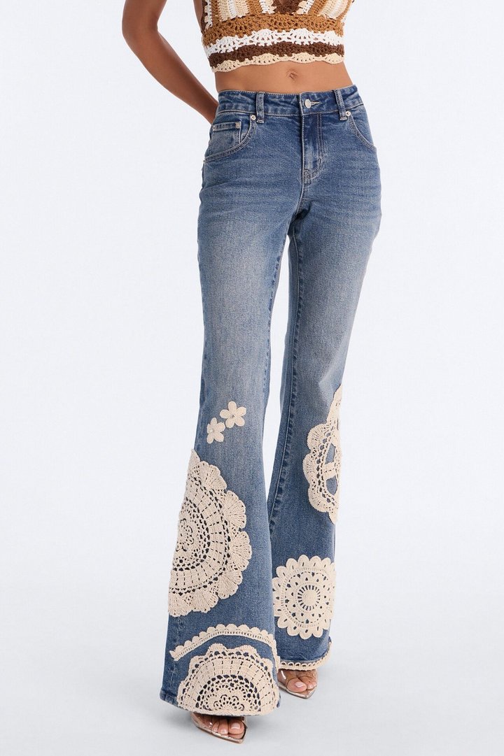 Lovechild Crotchet Applique Flare Jeans - Dark Wash