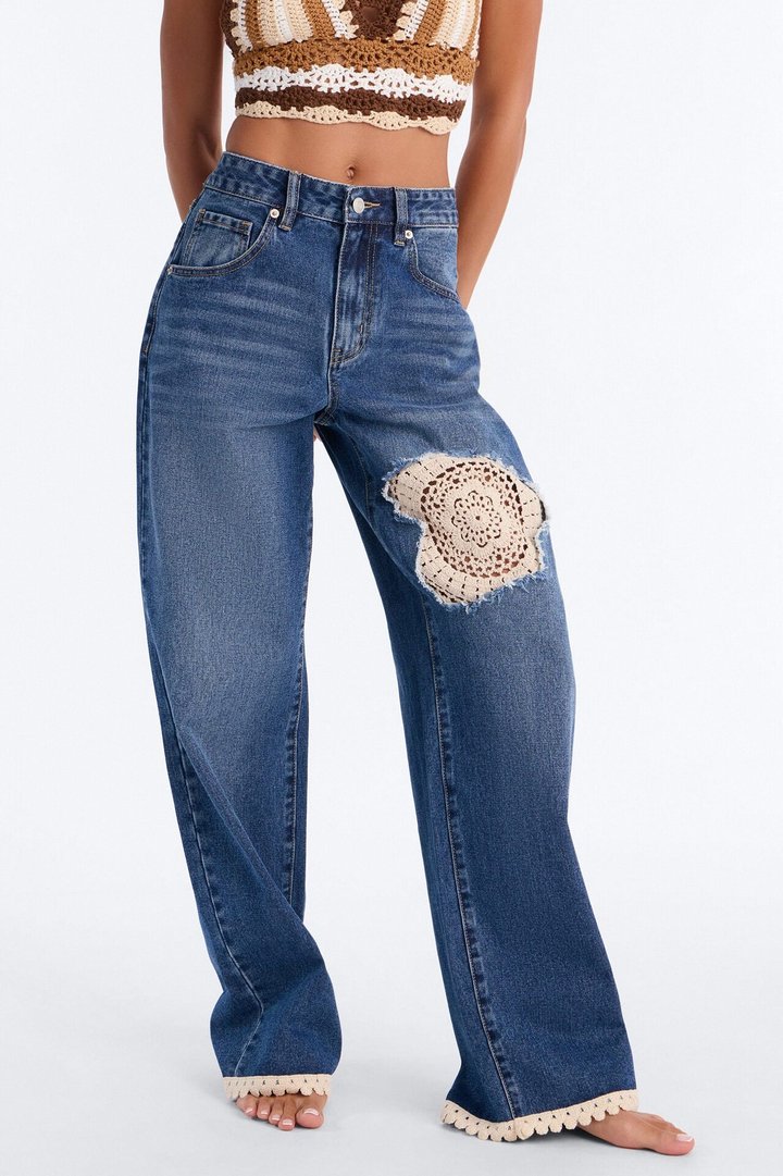 Home Body Crotchet Applique Straight Leg Jeans - Dark Wash