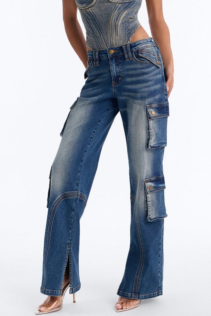 Drive Me Anywhere Split Hem Tinted Cargo Jeans - Vintage Wash