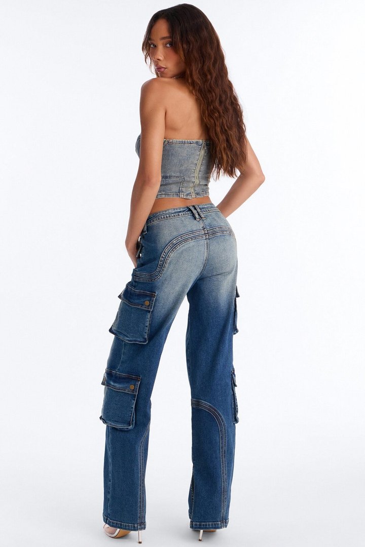 Drive Me Anywhere Split Hem Tinted Cargo Jeans - Vintage Wash