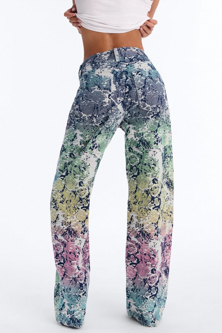 Over The Rainbow Floral Jacquard Straight Leg Jeans - Multi Color