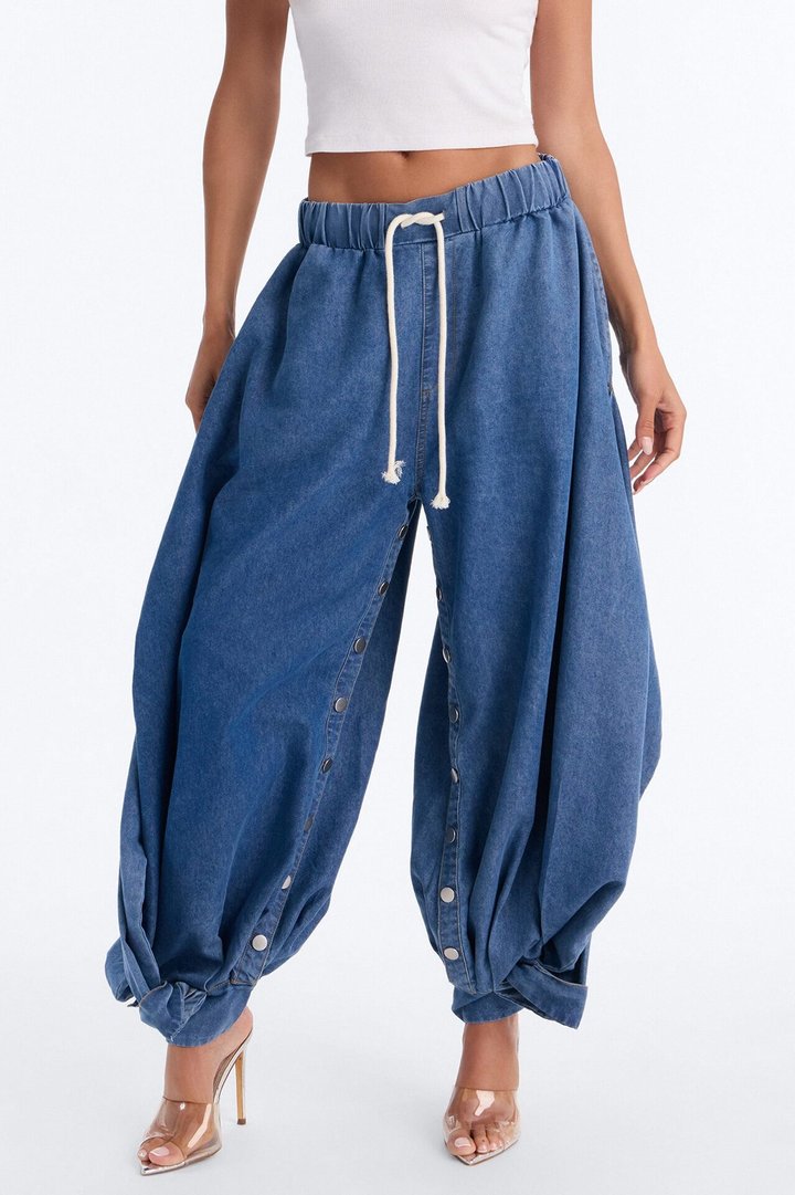 Ivy Tie Waist Balloon Leg Button Seam Pant - Medium Wash