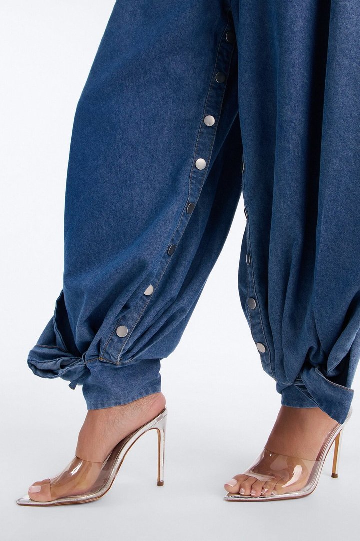 Ivy Tie Waist Balloon Leg Button Seam Pant - Medium Wash