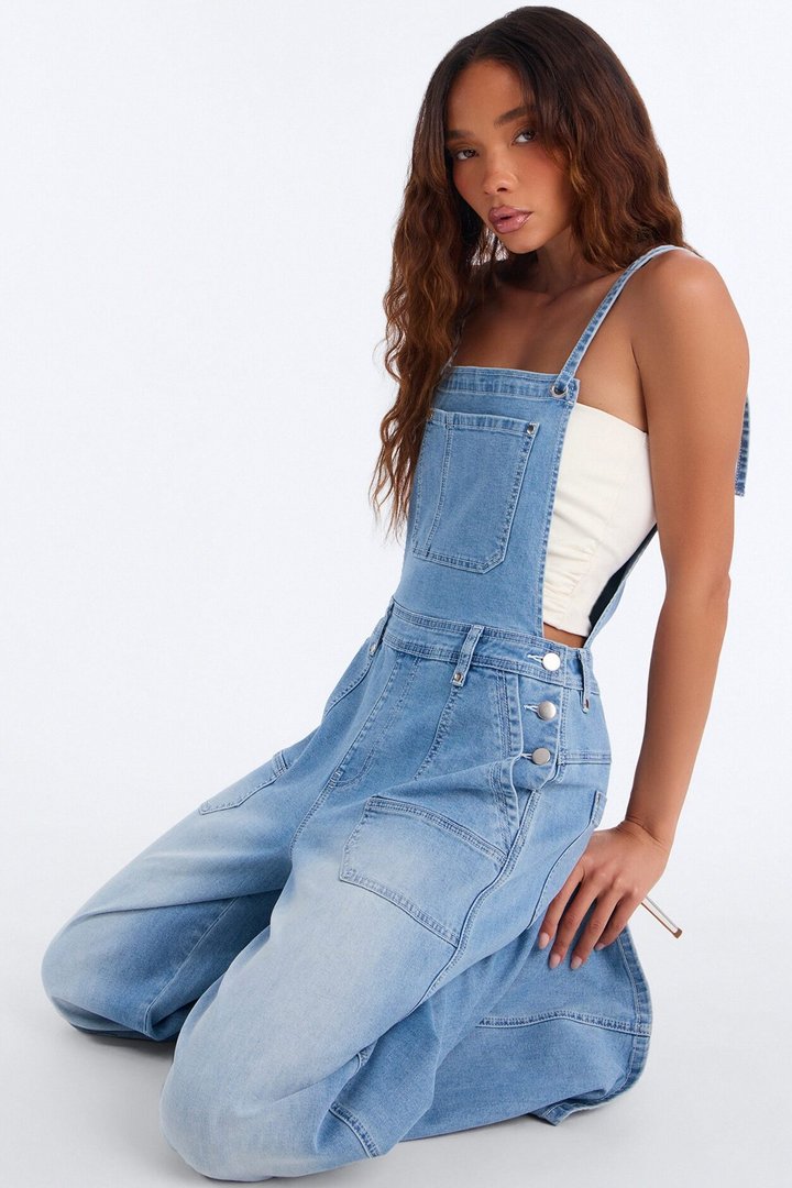Summer Abroad Linen Blend Denim Overalls - Light Wash