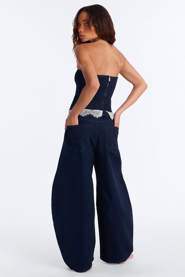 Dahlia Strapless Denim Barrel Pant Set - Dark Wash