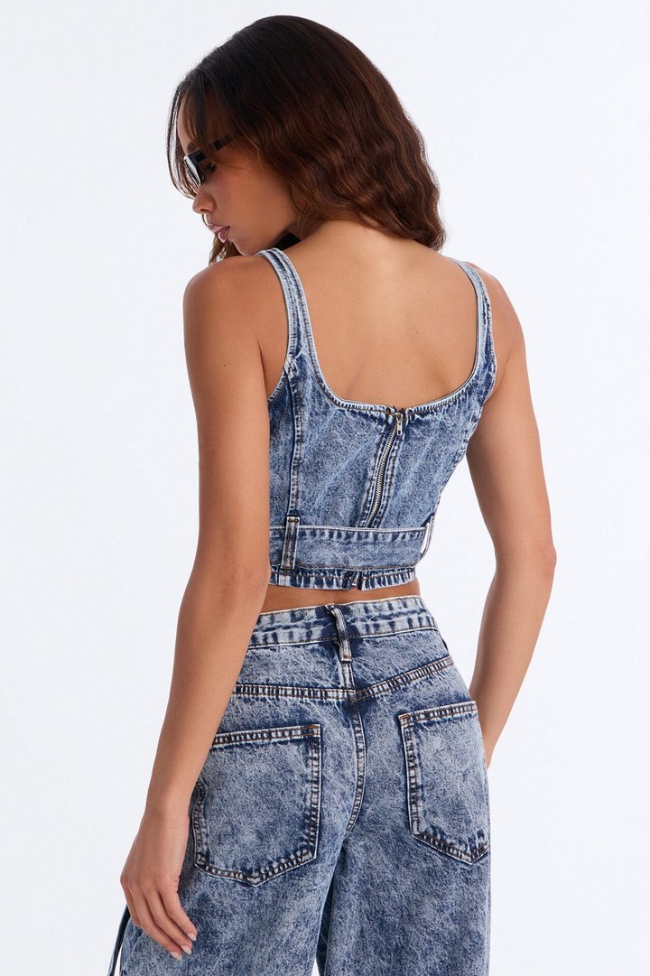 Everything I Wanted Belted Denim Corset Top - Medium Wash
