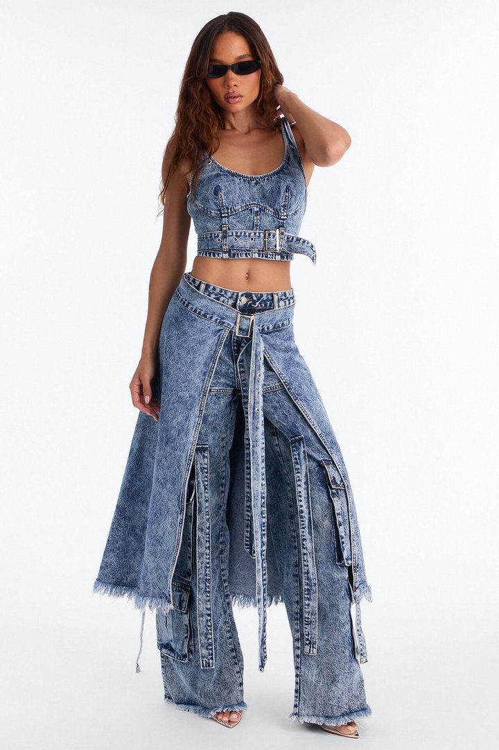 Everything I Wanted Belted Overlay Wide Leg Jeans - Medium Wash