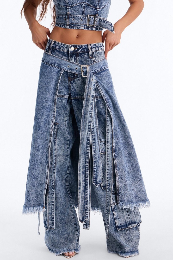 Everything I Wanted Belted Overlay Wide Leg Jeans - Medium Wash