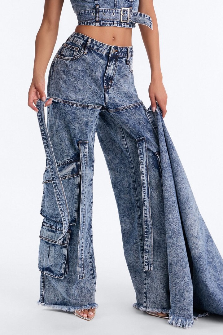 Everything I Wanted Belted Overlay Wide Leg Jeans - Medium Wash
