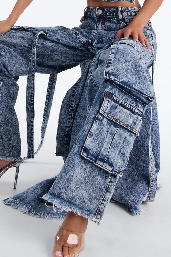 Everything I Wanted Belted Overlay Wide Leg Jeans - Medium Wash