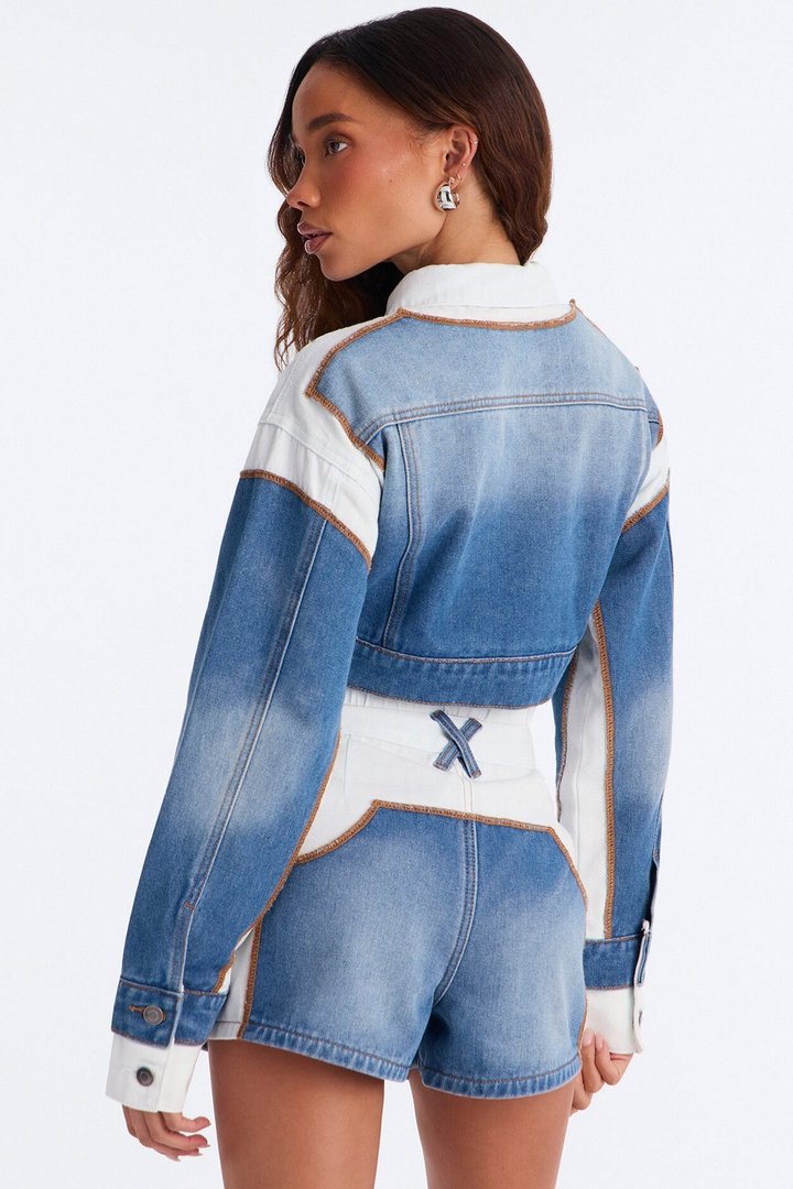 Soho Layered Denim Jacket And Short Set - Medium Blue Wash