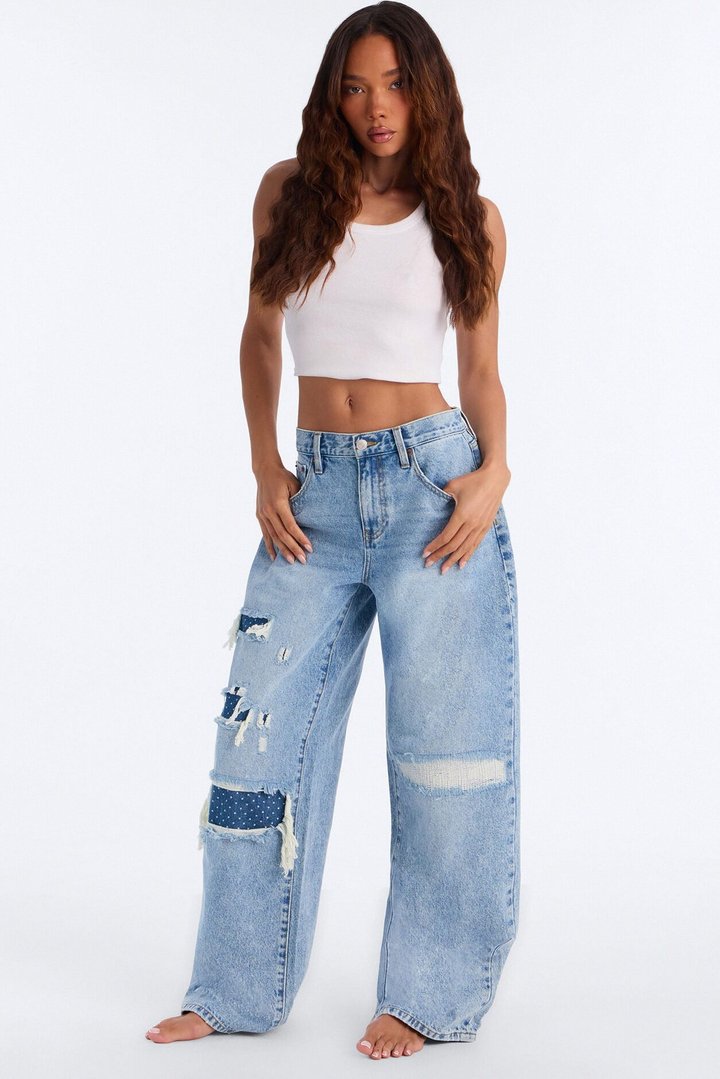 Pieces Of Me Rip And Repair Wide Leg Jeans - Light Wash