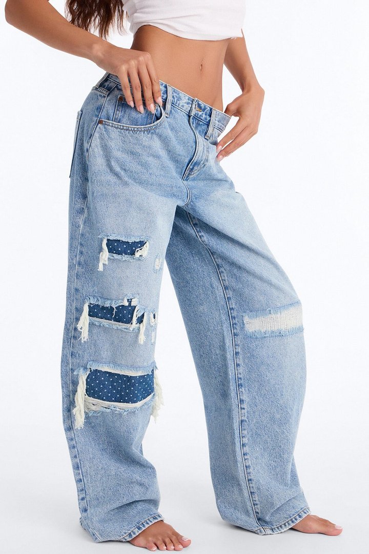 Pieces Of Me Rip And Repair Wide Leg Jeans - Light Wash