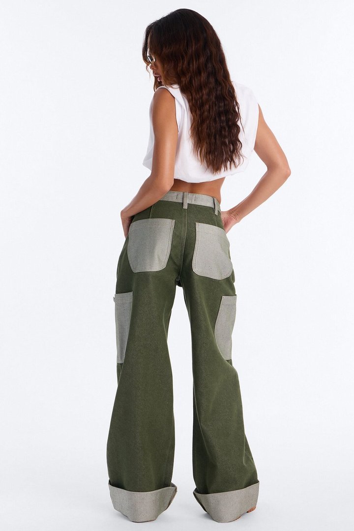 Sydney Cargo Cuffed Wide Leg Jeans - Olive