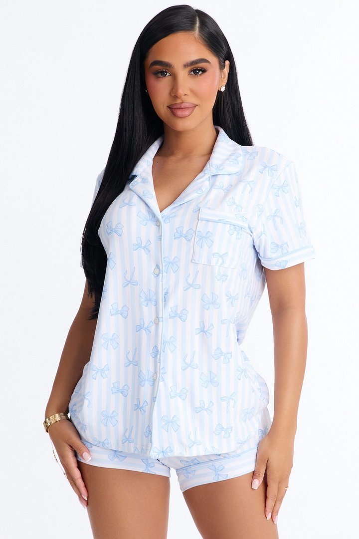 Snuggle Me Button Up PJ Short Set - White/Blue