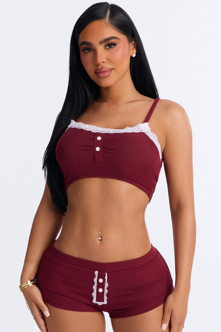 Late Night Calls Ribbed PJ Short Set - Burgundy
