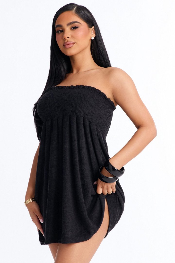 Coast To Coast Terry Cloth Smocked Tube Cover Up Dress - Black