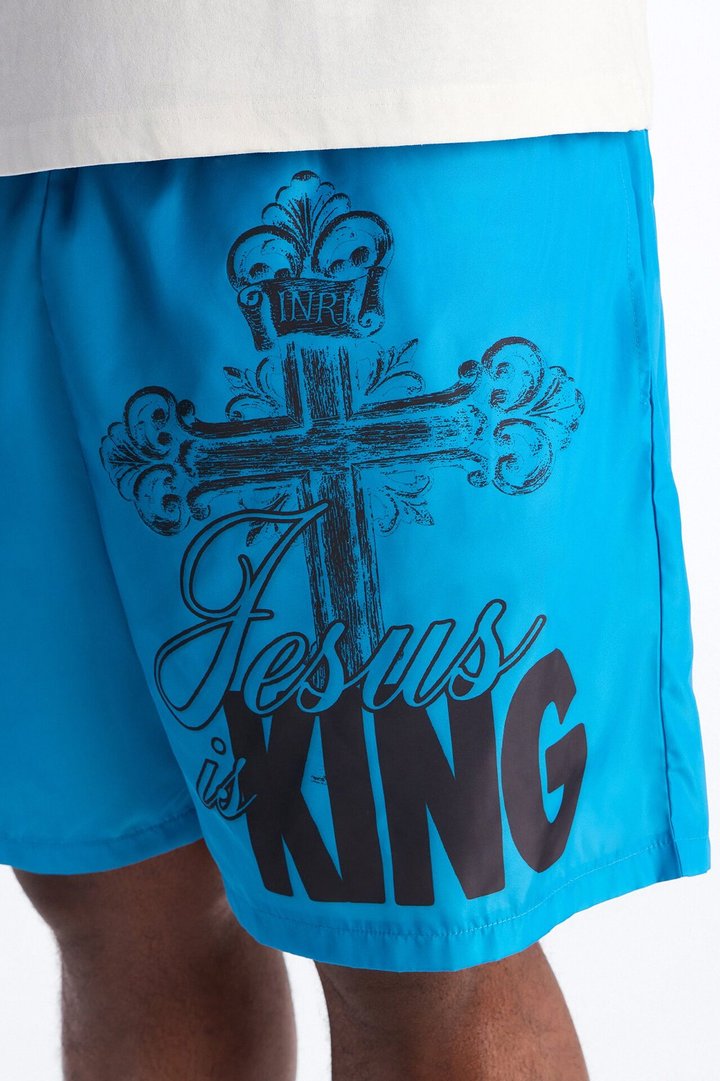 Jesus Is King Swim Trunk 7″ - Blue