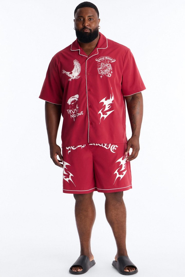 Relaxed Self Made Vandal Cuban Collar Button Up Shirt - Red