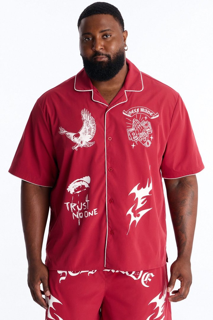 Relaxed Self Made Vandal Cuban Collar Button Up Shirt - Red