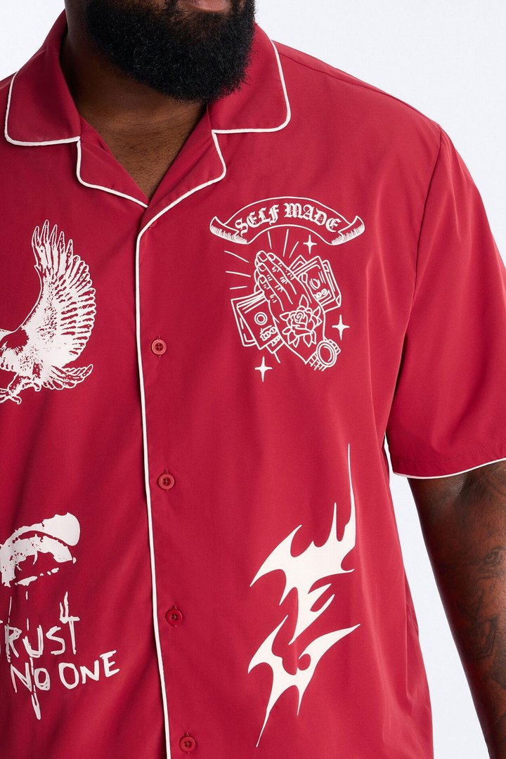 Relaxed Self Made Vandal Cuban Collar Button Up Shirt - Red