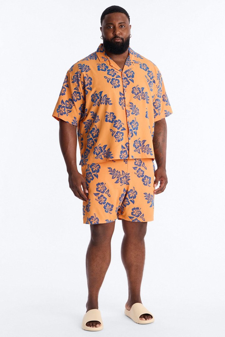 Relaxed Flocked Hibiscus Heat Cuban Collar Button Up Shirt - Orange