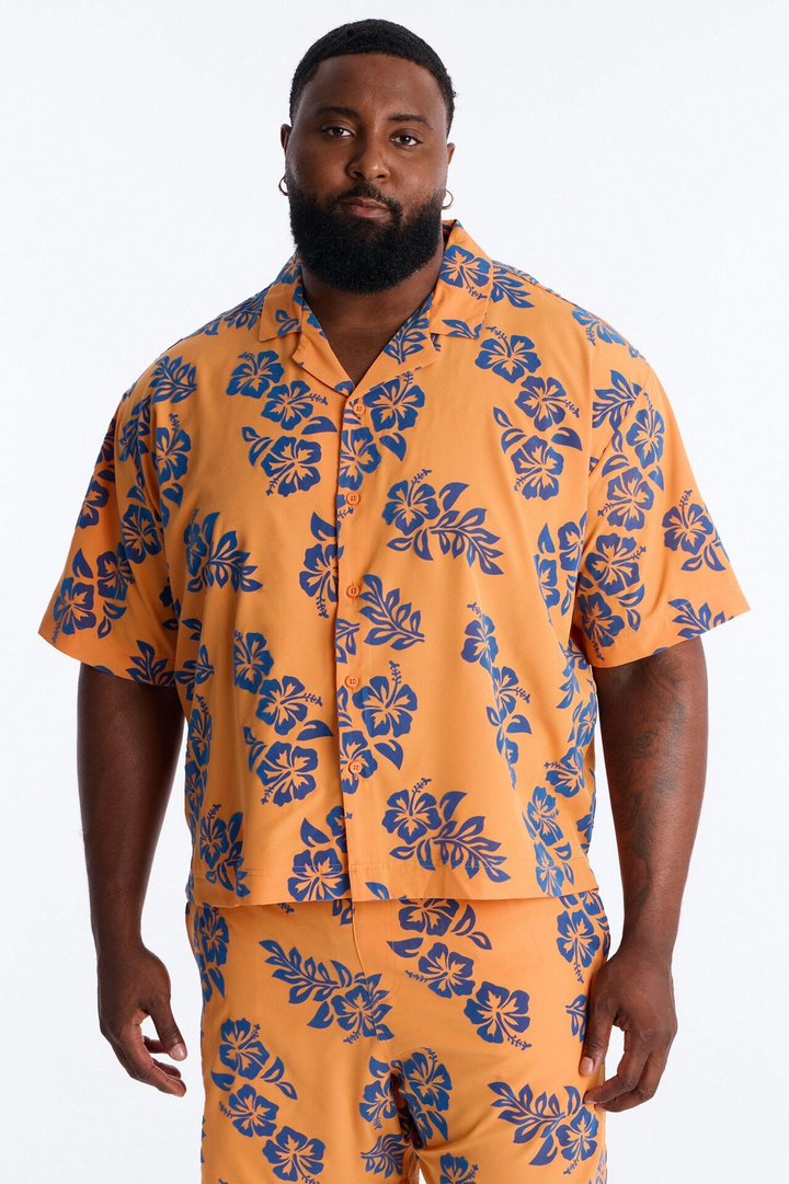 Relaxed Flocked Hibiscus Heat Cuban Collar Button Up Shirt - Orange