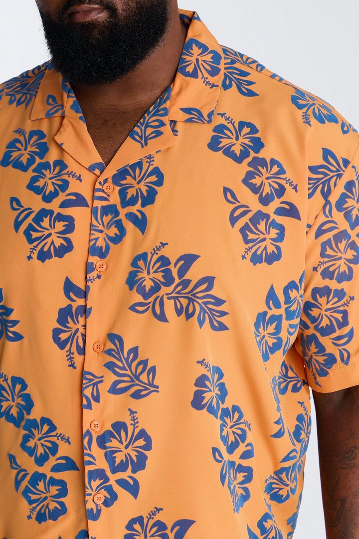 Relaxed Flocked Hibiscus Heat Cuban Collar Button Up Shirt - Orange