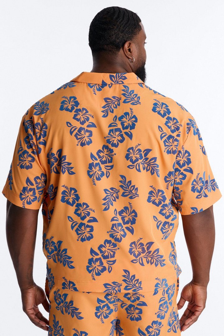 Relaxed Flocked Hibiscus Heat Cuban Collar Button Up Shirt - Orange
