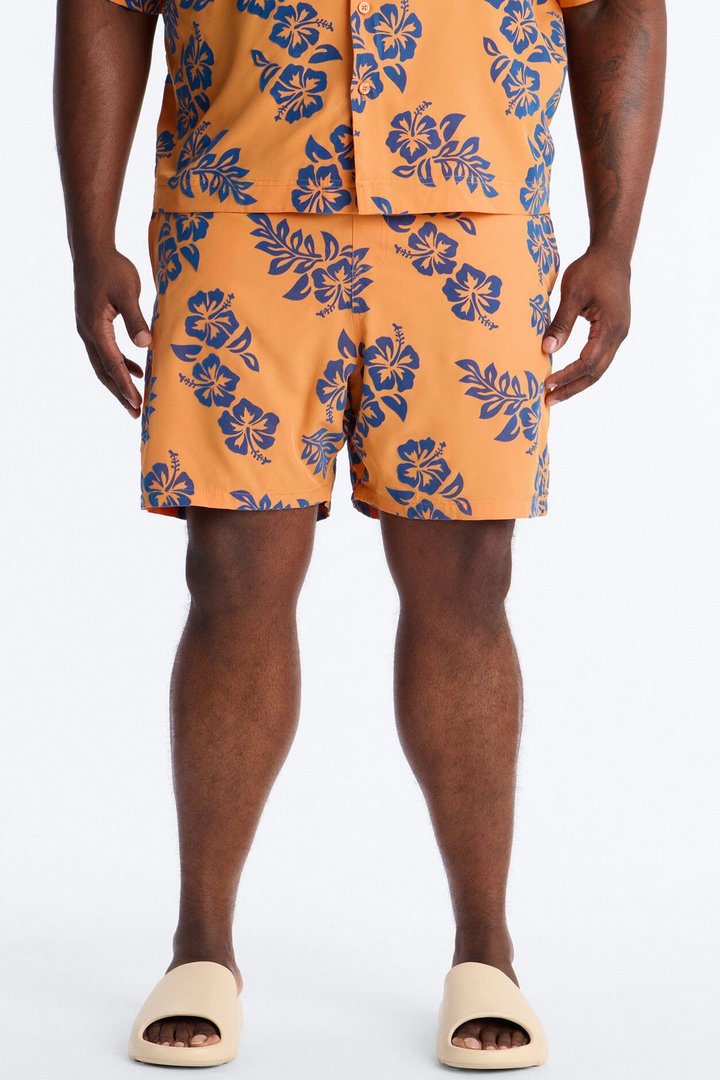 Flocked Hibiscus Heat Swim Trunk 7″ - Orange