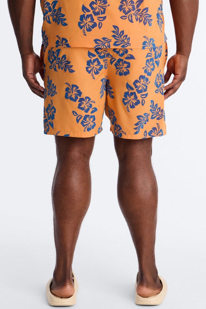Flocked Hibiscus Heat Swim Trunk 7″ - Orange