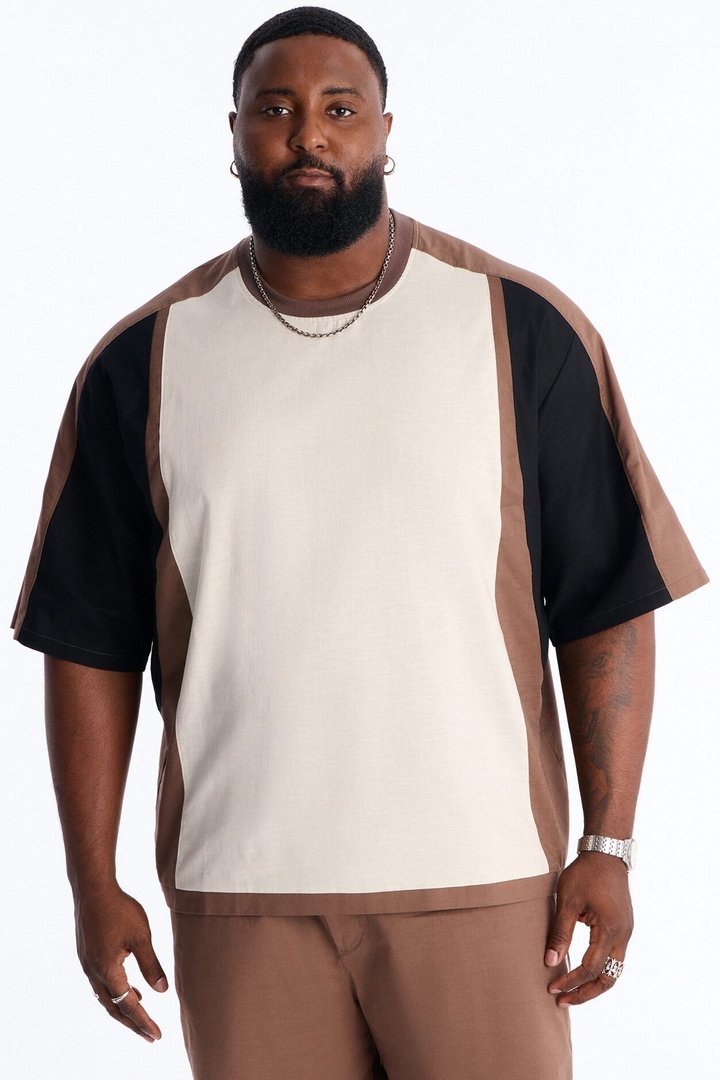 Basic Color Block Short Sleeve Tee - Brown/combo