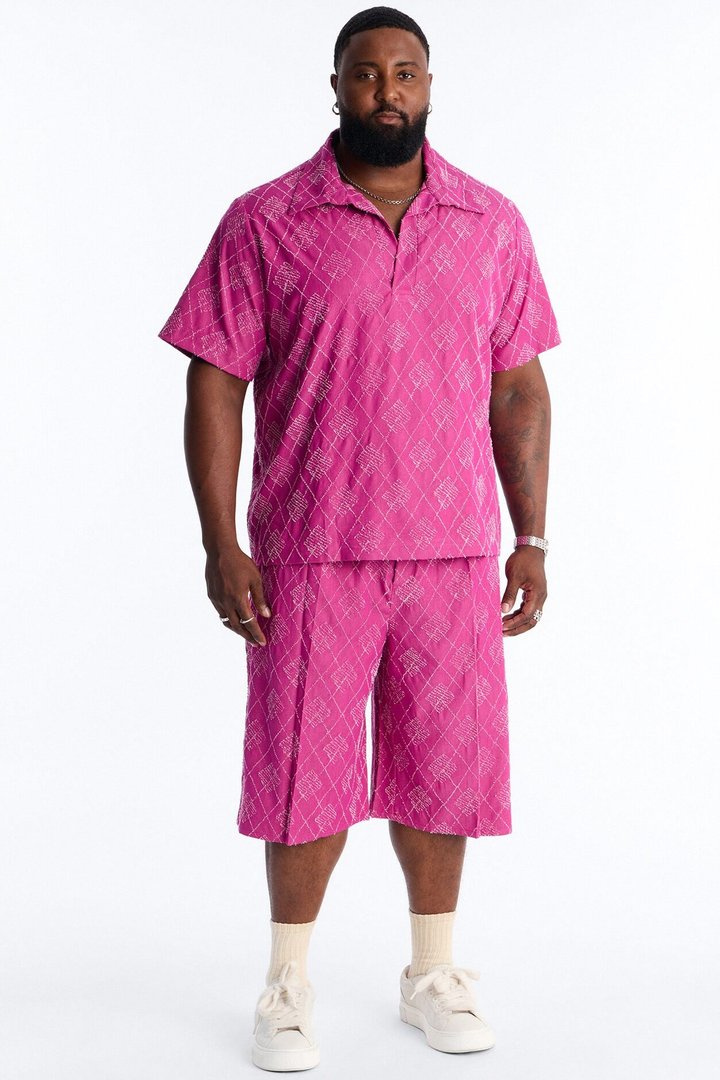 Baggy Diamond Frayed Jacquard Long Short - Magenta