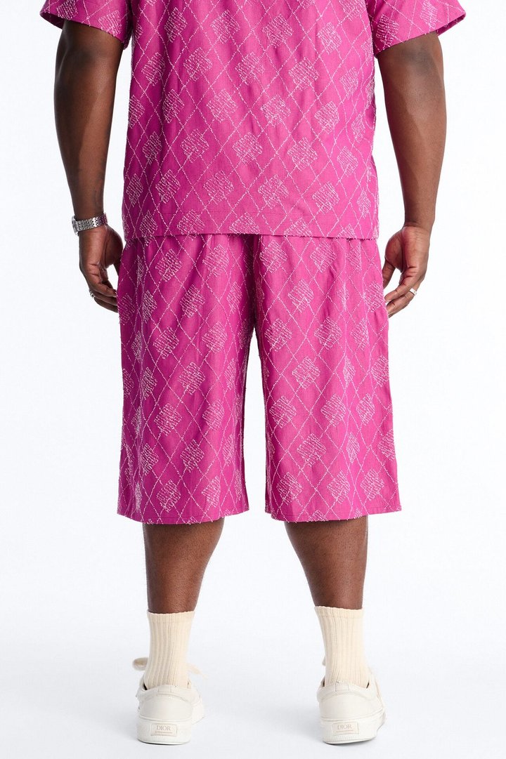 Baggy Diamond Frayed Jacquard Long Short - Magenta