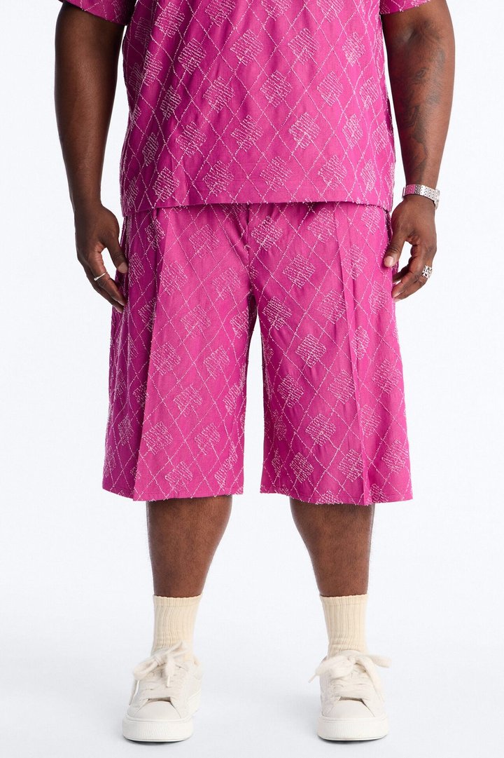 Baggy Diamond Frayed Jacquard Long Short - Magenta