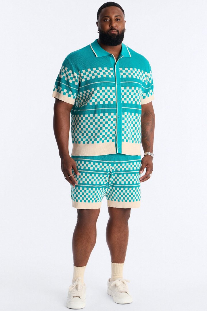 Knitted Pawn Checker Button Up Shirt - Teal/combo