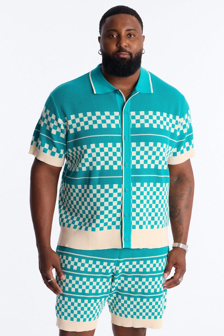 Knitted Pawn Checker Button Up Shirt - Teal/combo