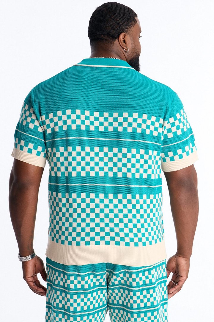 Knitted Pawn Checker Button Up Shirt - Teal/combo