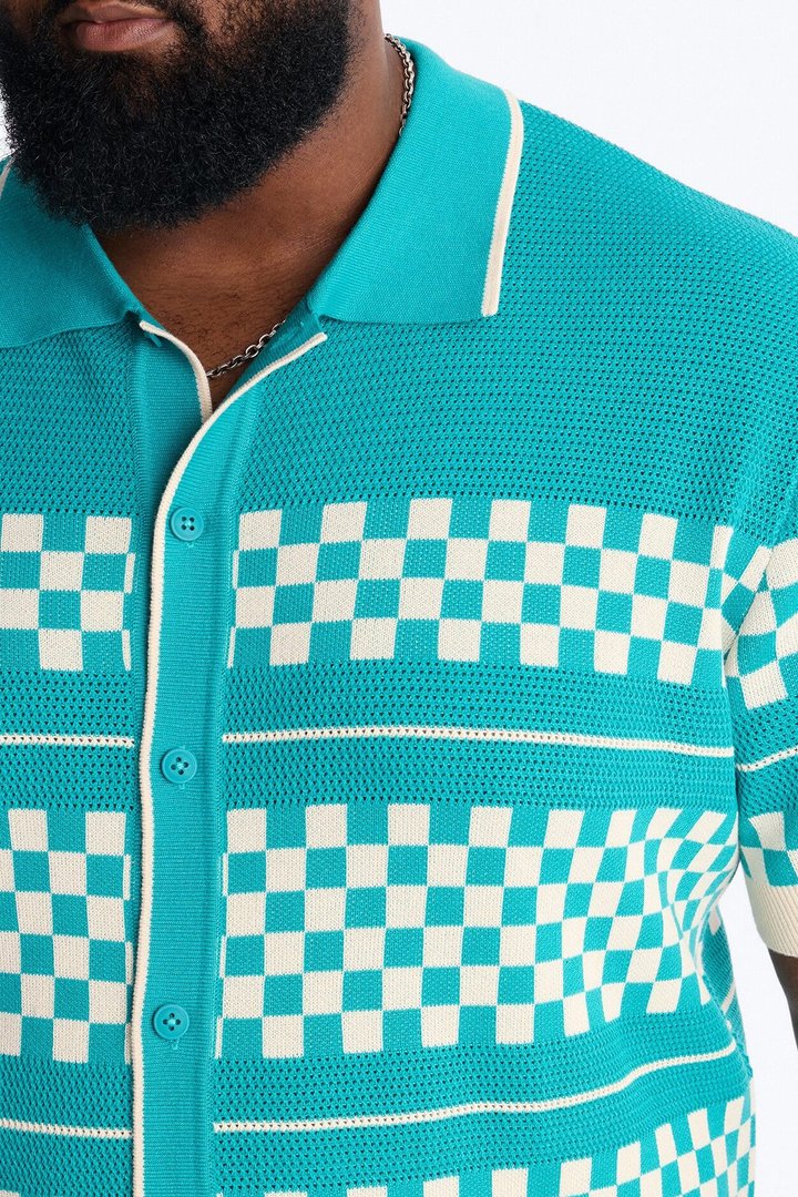Knitted Pawn Checker Button Up Shirt - Teal/combo