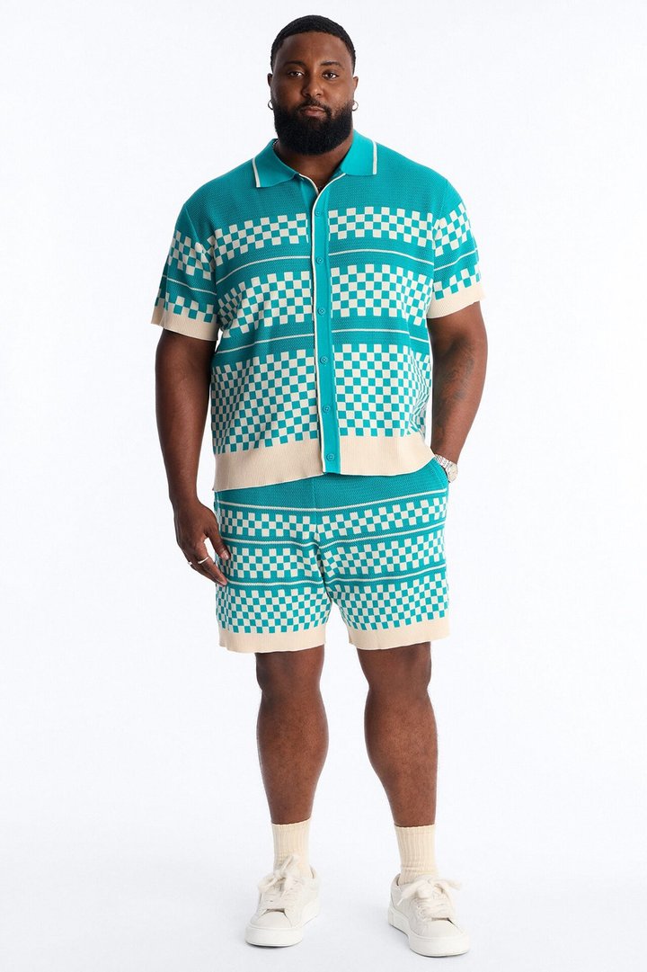 Relaxed Knitted Pawn Checker Short - Teal
