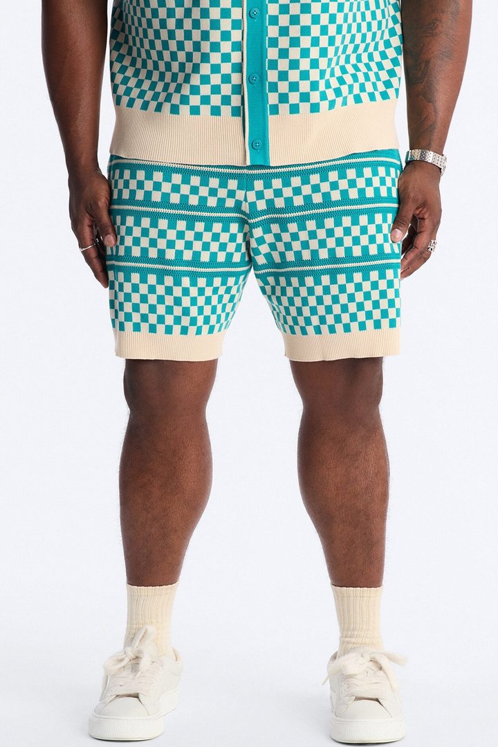 Relaxed Knitted Pawn Checker Short - Teal