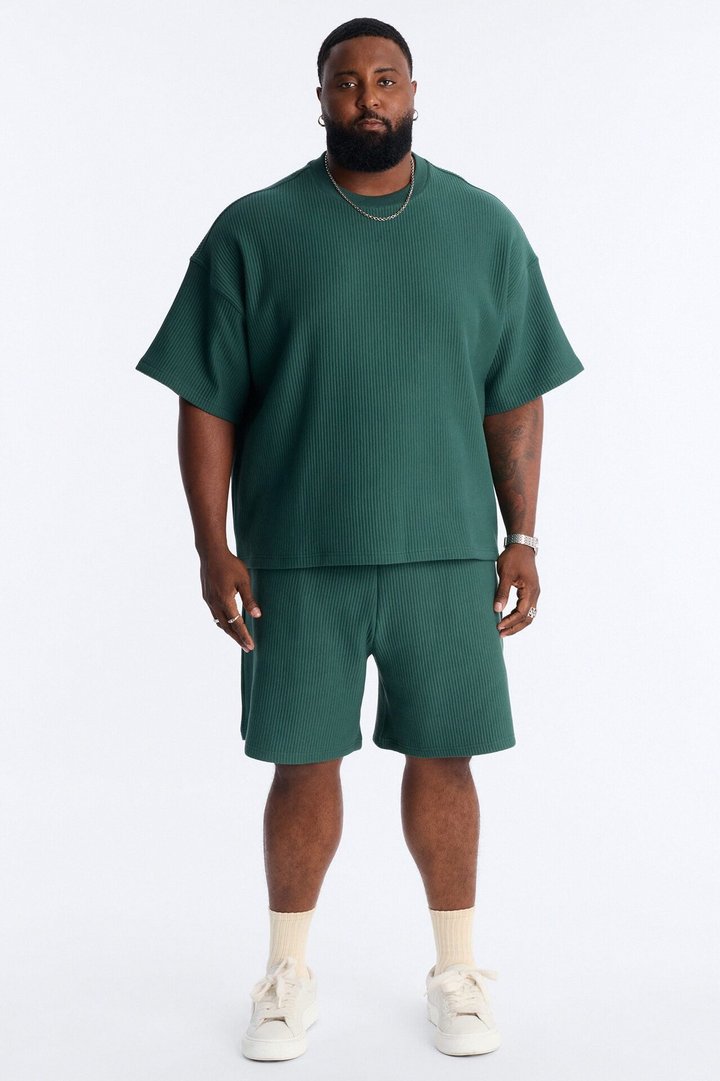 Textured Oversized Short Sleeve Fleece Tee - Hunter Green