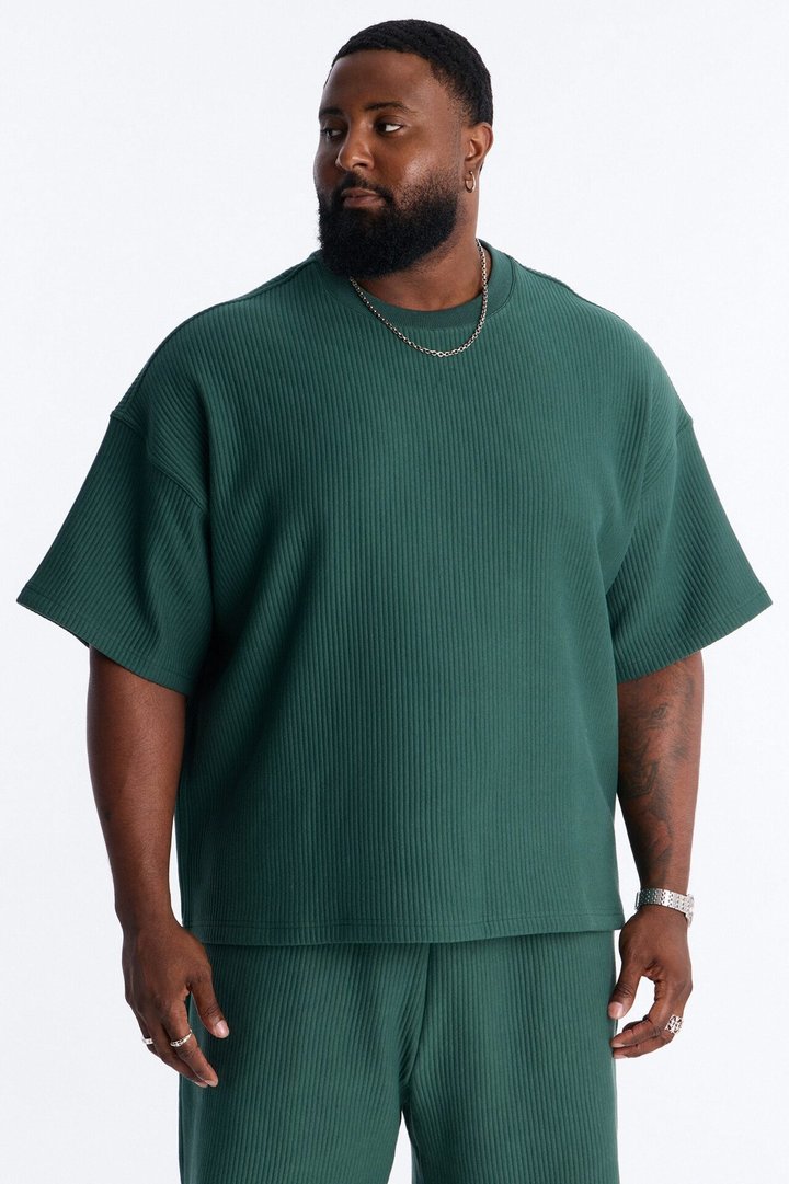 Textured Oversized Short Sleeve Fleece Tee - Hunter Green