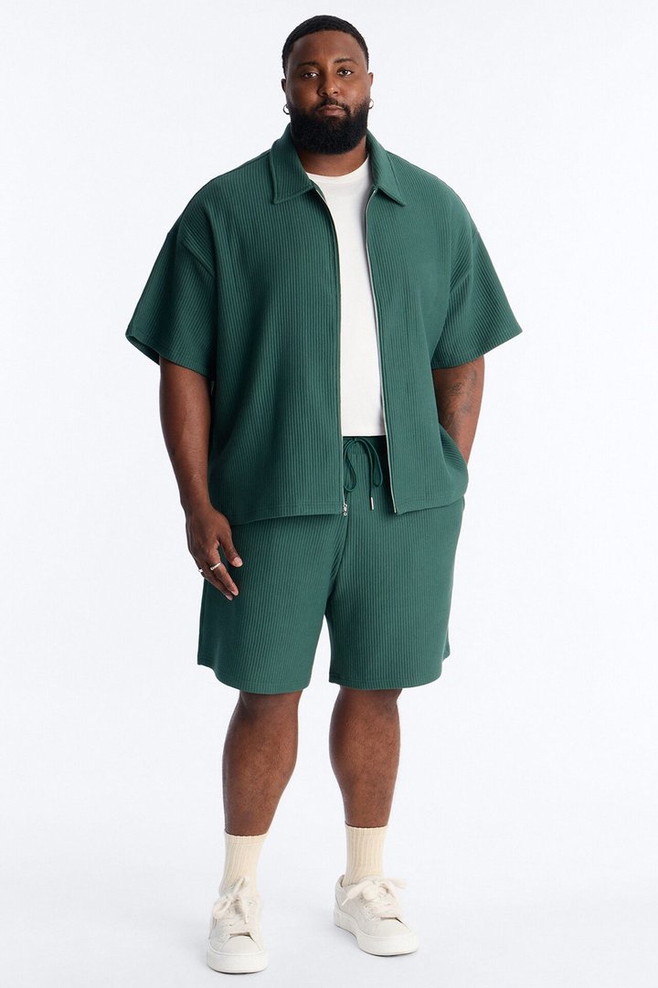 Textured Oversized Fleece Zip Up Shirt - Hunter Green