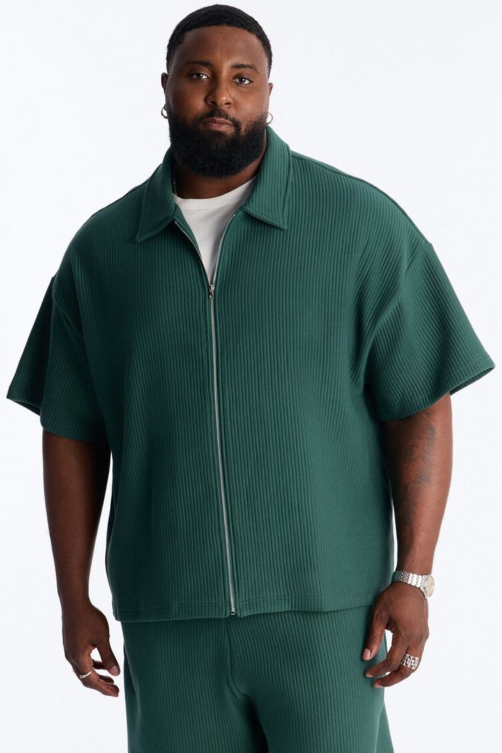 Textured Oversized Fleece Zip Up Shirt - Hunter Green