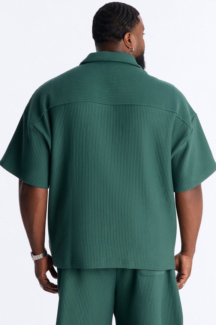 Textured Oversized Fleece Zip Up Shirt - Hunter Green