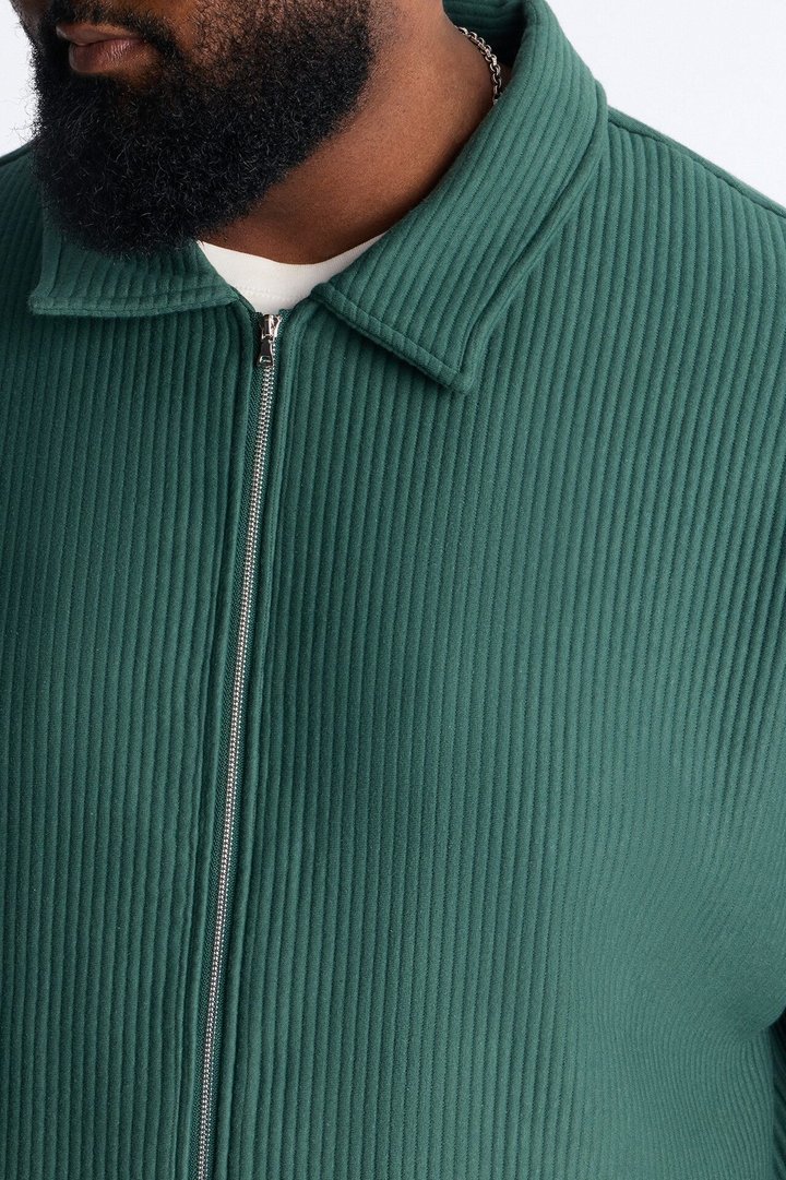 Textured Oversized Fleece Zip Up Shirt - Hunter Green
