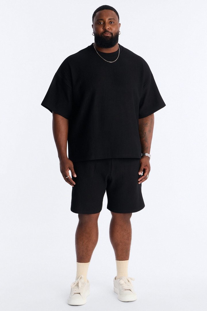 Textured Oversized Short Sleeve Fleece Tee - Black