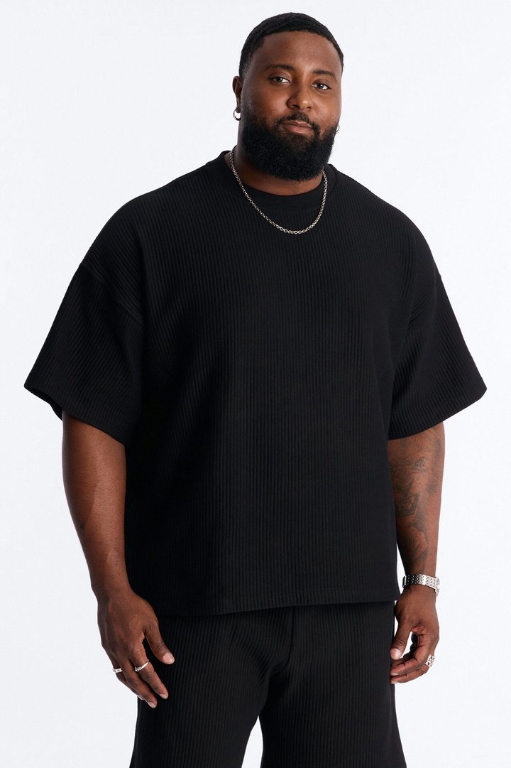 Textured Oversized Short Sleeve Fleece Tee - Black
